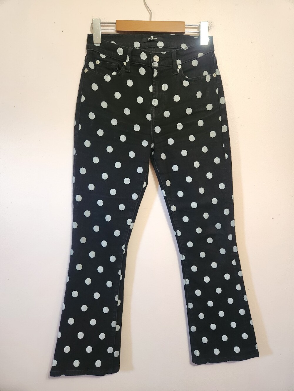 7 For All Mankind Black Polka Dot Slim Kick Cropped Flare Denim Jeans Size 26